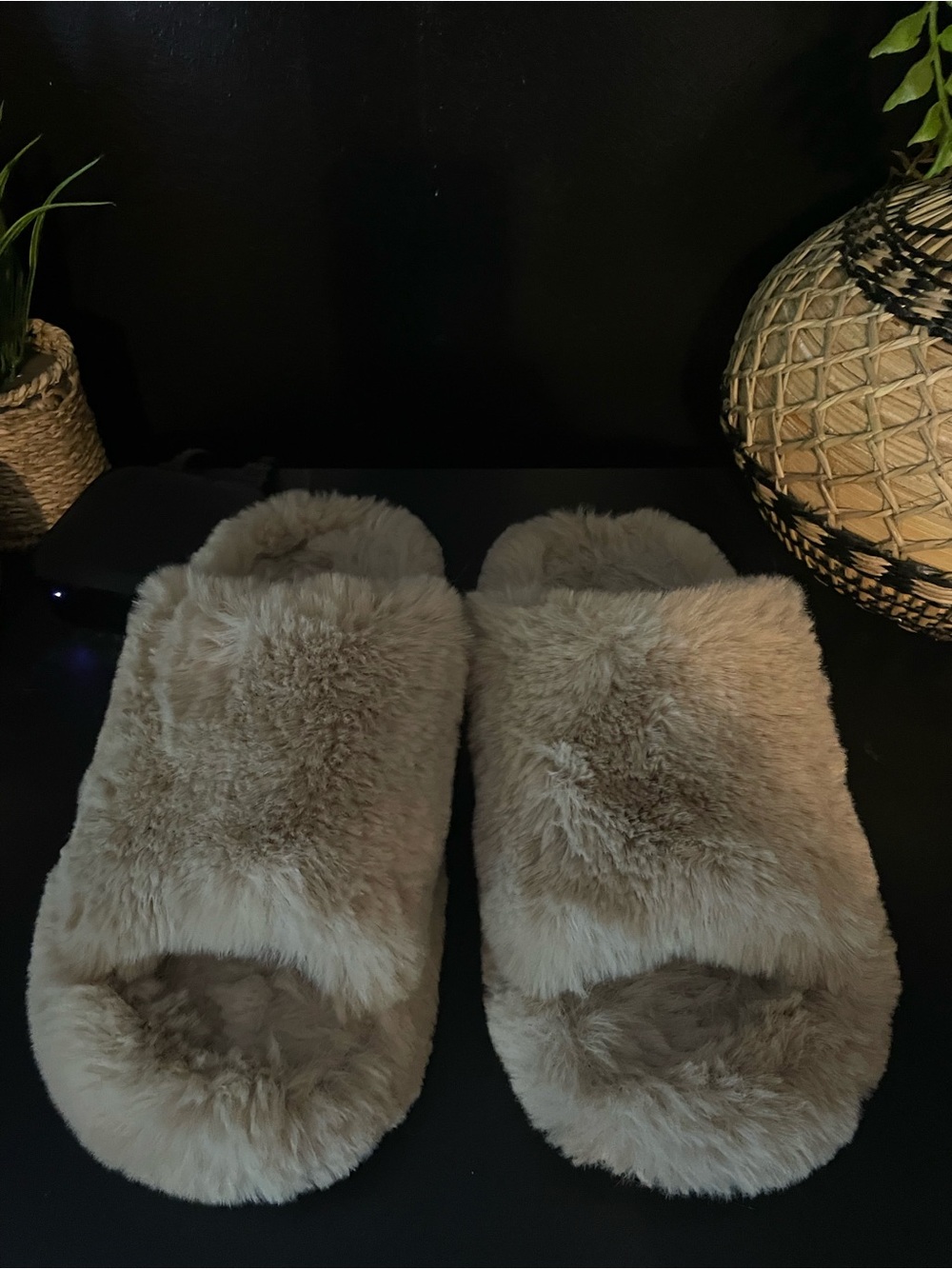 Anthropologie Plush Faux-Fur Slide Slippers in Light Taupe